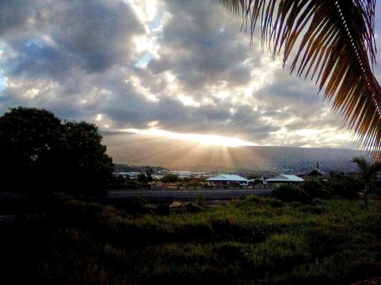Color photo of sunrise over the hills in Kailua-Kona, Hawai'i. The sky is cloudy, and the Sun is shining rays through the clouds. In the foreground are some trees, and a silhouetted palm frond.